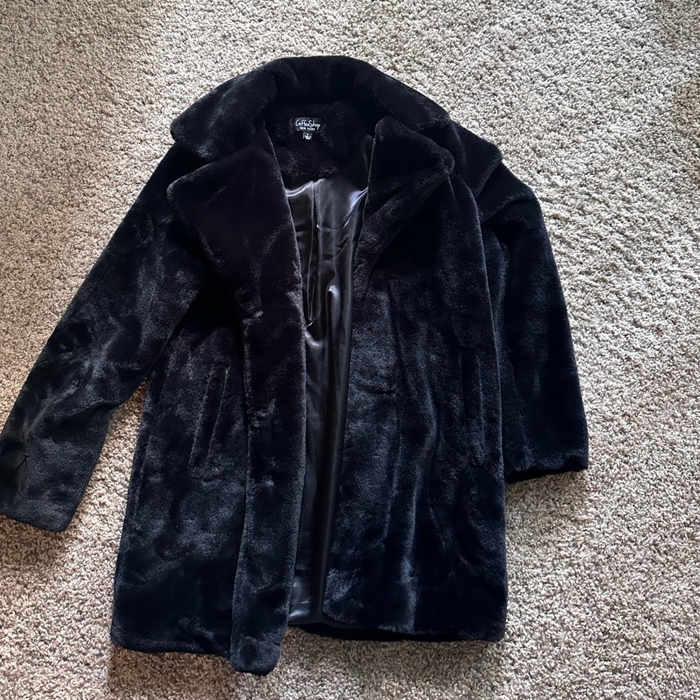 Coffee shop faux black fur coat
